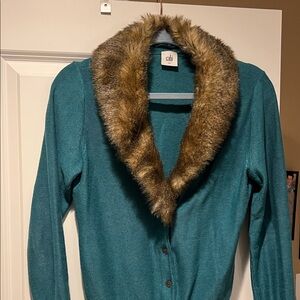 CAbi Teal Cardigan, Removable Faux Fur Collar